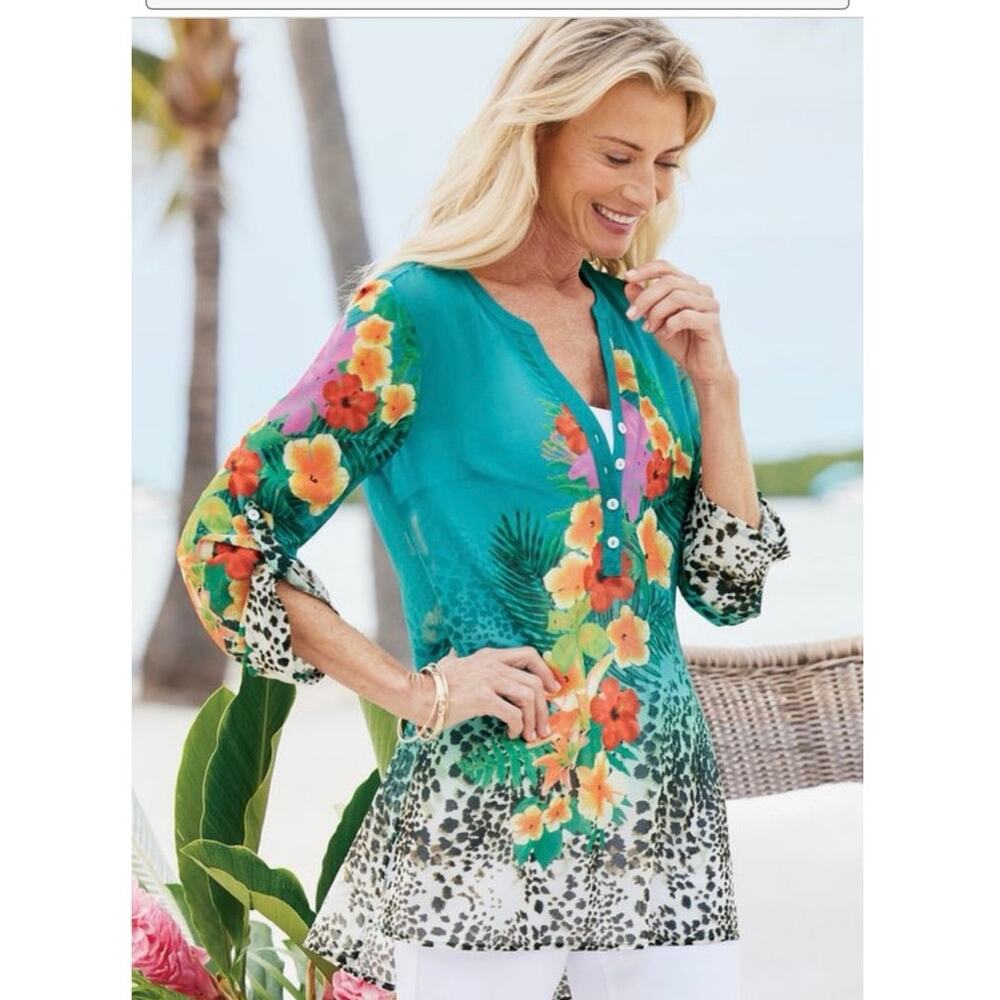 Soft Surroundings Semi Sheer Teal Floral Tunic Top Tropical Leopard Medium